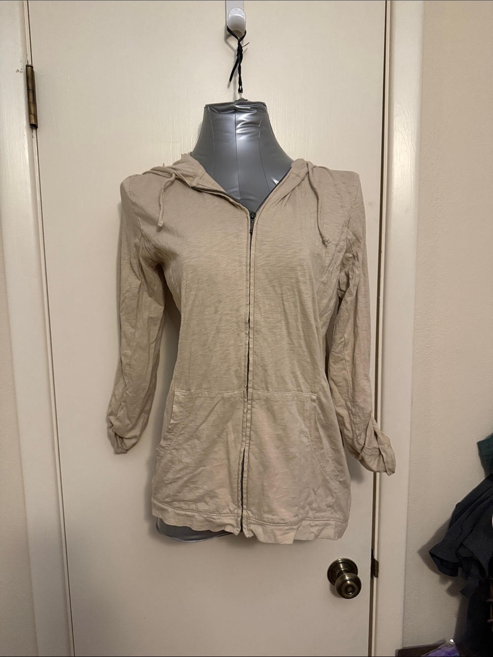J. Jill Light Beige Cotton Slub Zip-Up Hoodie Medium